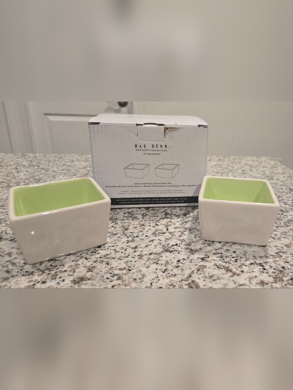 Rae Dunn Square Ceramic Bowls with Light Green Interior and White Exterior